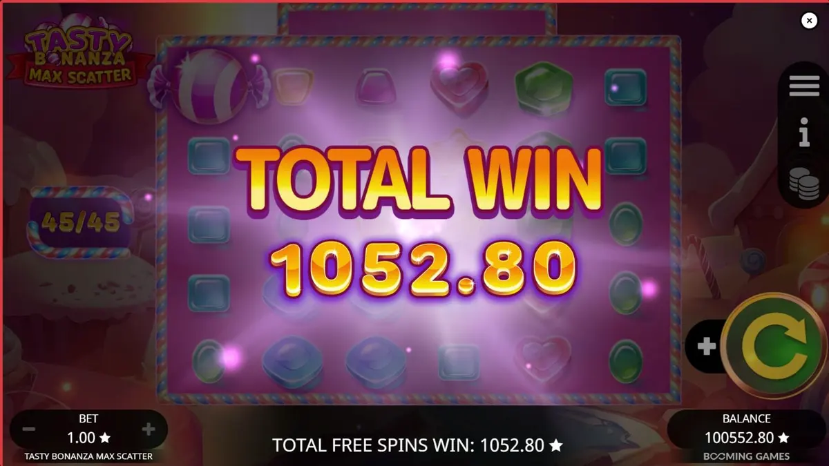 Tampilan visual penuh warna dari slot Tasty Bonanza Max Scatter dengan elemen permen.