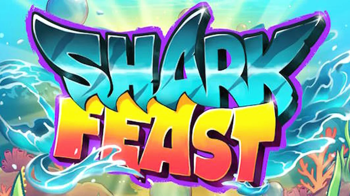 Tampilan visual penuh warna dari permainan slot Shark Feast dengan tema pesta bawah laut neon.